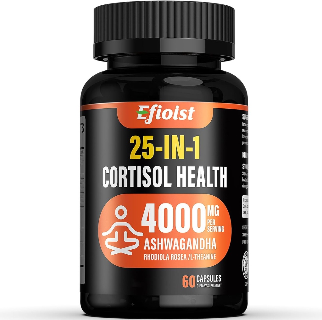 Cortisol Health Supplement, 25- in-1 Cortisol Reducer for kvinder & mænd, Cortisol Kosttilskud til med Ashwagandha, Rhodiola Rosea, L- Theanine, for Mood, Focus, Sleep Support, 2 Kapsler