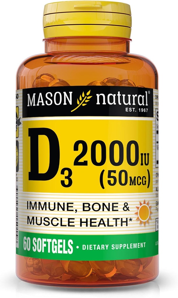 MASON NATURAL Vitamin D3 2000 IE Ultra Styrke, Understøtter Knogletæthed, Styrke og immunforsvar, 60 Softgels