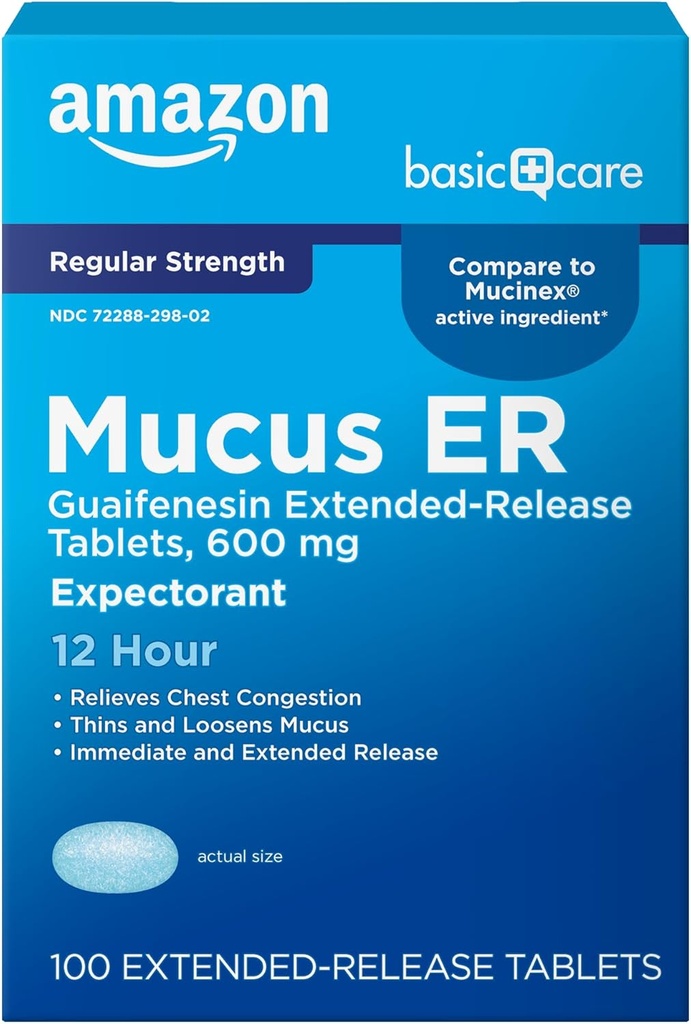 Basic Care Guaifenesin Hoste og Mucus Relief Extende- Release Tablets, 600 mg, 12 timers Expectorant Caplet 100 Tæl