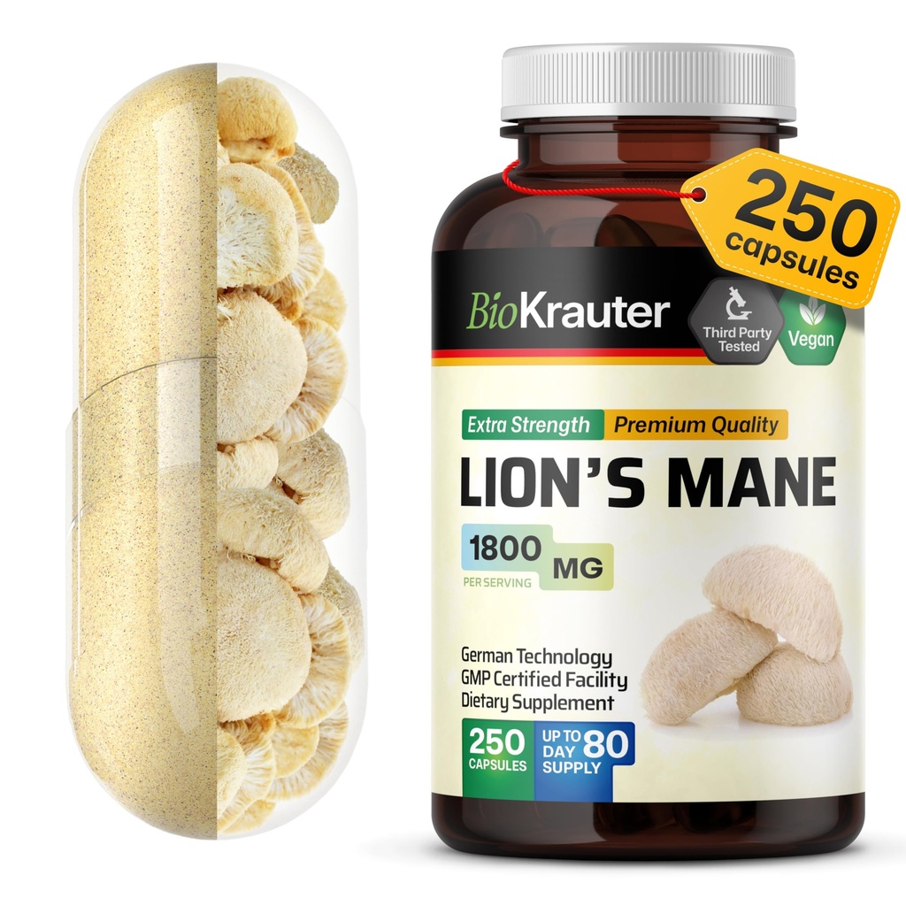 BIO KRAUTER Lions Mane Supplement kapsler 1800 mg - 250 Tæl - Vegan Lions Mane Powder Supplement for Brain Support - 3 Måned Supply - No Fillers