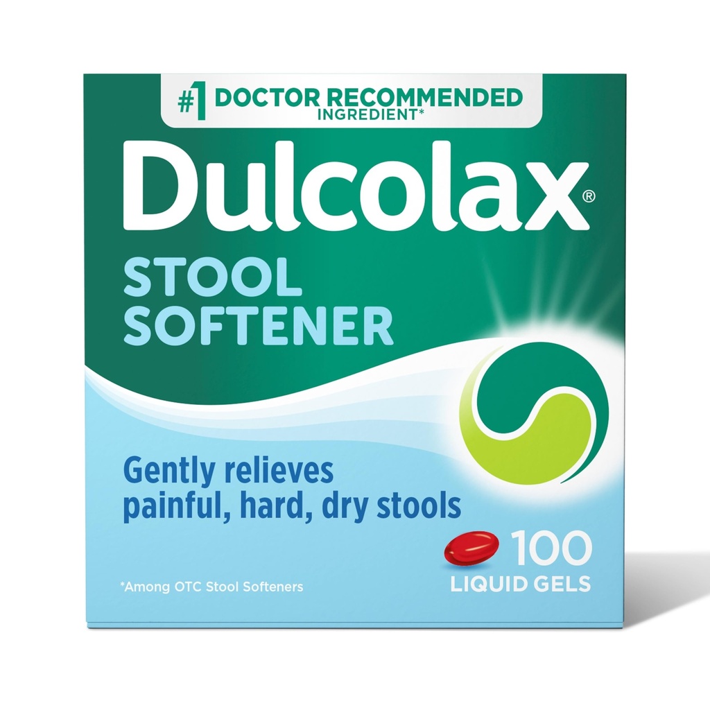 Dulcolax Afføring Blødgøringsmiddel Laxative Væske Gel Kapsler, Let Obstipation Relief til hårde, tørre afføring, Docusat natrium 100 mg, 100 Tæl
