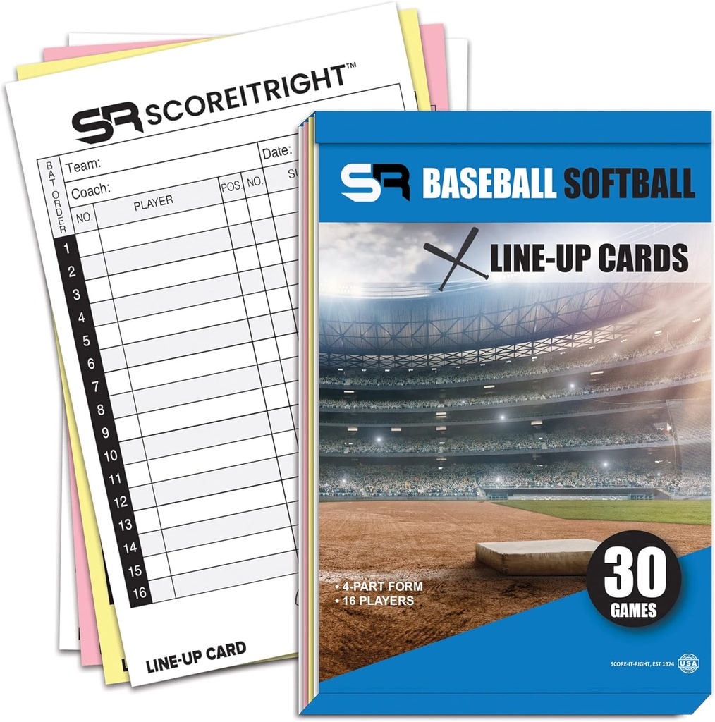 Baseball / Softball Lineup Cards - 16 Player Book Format Lineup Cards til 30 Spil - Flipbook Carbon Copy 4 Del Form - Tidsbesparende og praktisk Baseball Coaching Tilbehør