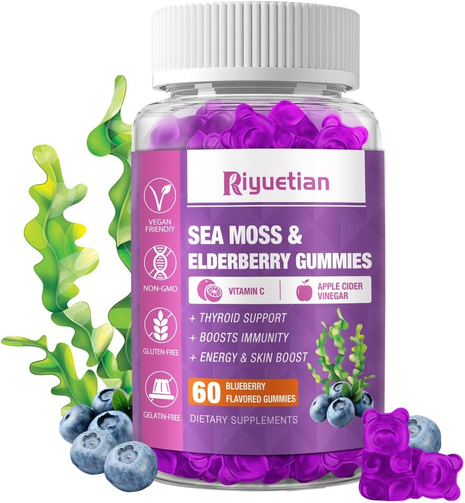 Sea Moss Gummies & Elderberry - C-vitamin + zink - Styrke Immun & Thyroid Support Booster Gummies Bears til børn og voksne - 60 naturlige Seamoss Gummies