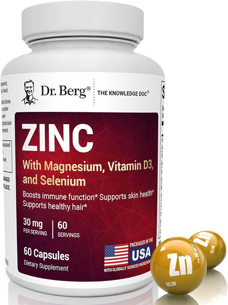Dr. Berg Zink 30mg forstærket med Magnesium, D3- vitamin, Selen, & Kobber - Zinktilskud til mænd og kvinder - Chelated Zink til immunforsvar, hud, hår og negle Support * - 60 kapsler
