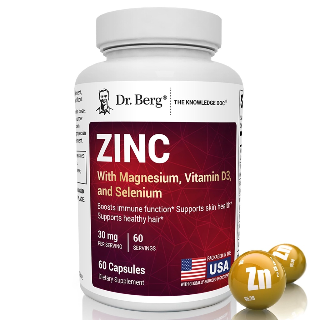 Dr. Berg Zink 30mg forstærket med Magnesium, D3- vitamin, Selen, & Kobber - Zinktilskud til mænd og kvinder - Chelated Zink til immunforsvar, hud, hår og negle Support * - 60 kapsler