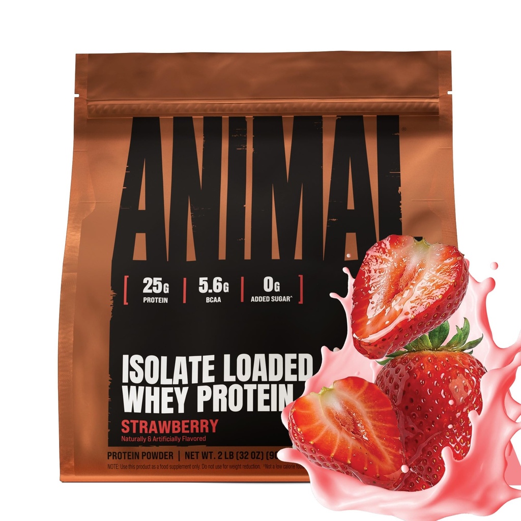 Animal Whey Isolate Protein Powder - Loaded for Pre & Post Workout Muscle Builder and Recovery with Digestive Enzymes for Men & Women - 25g Protein, Great Taste, Low Sugar - Strawberry 2 lbs