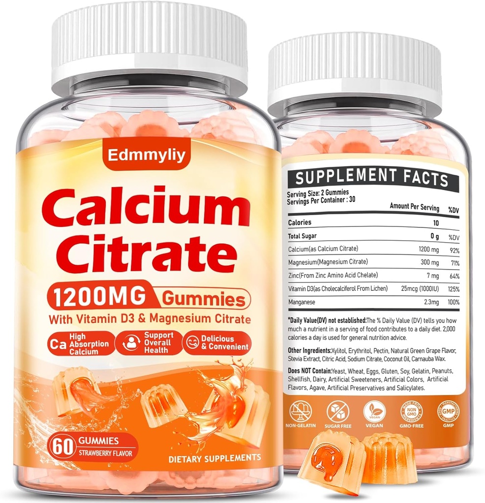 Calcium Citrate Supplement Gummies for Adult - Sugar Free Calcium Citrate 1200 Mg med Magnesium 300 Mg & Vitamin D3 - Økologisk Chewable Calciumtilskud til kvinder og mænd