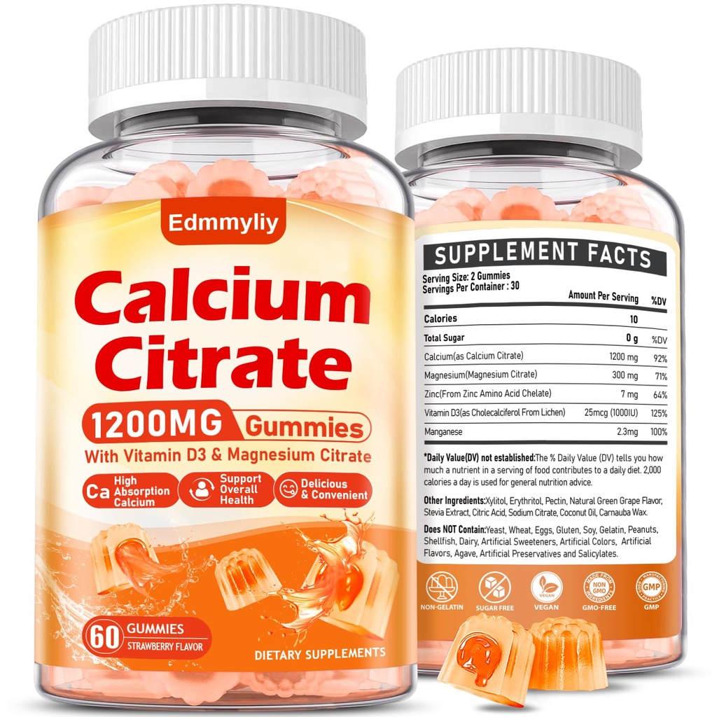 Calcium Citrate Supplement Gummies for Adult - Sugar Free Calcium Citrate 1200 Mg med Magnesium 300 Mg & Vitamin D3 - Økologisk Chewable Calciumtilskud til kvinder og mænd