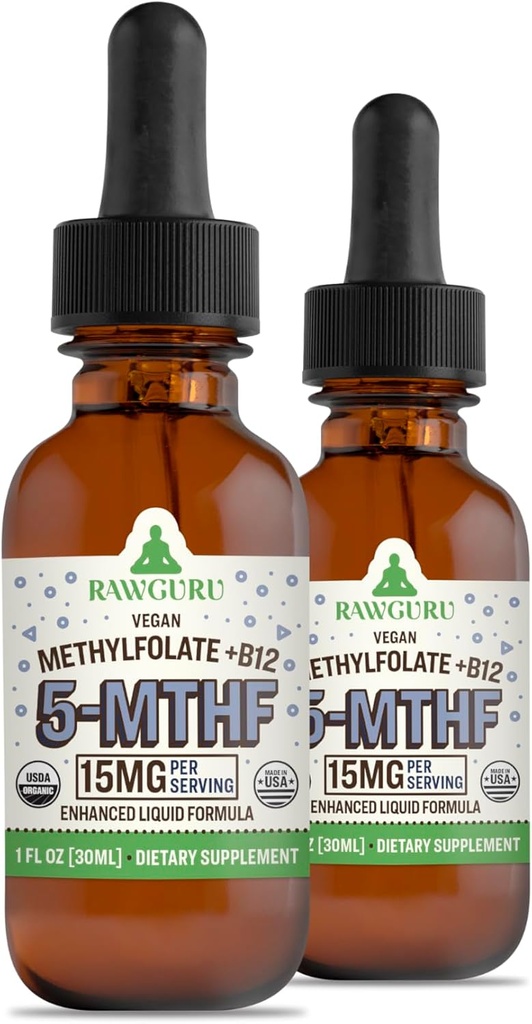 RawGuru L- Methylfolat 15 mg + vitamin B12 - Organic Vegan Methylerede B12 med trace mineraler - Nano- Forarbejdede og forbedrede flydende formel - 300 Servere Vegan dråber pr 30 ml, pakke med 2