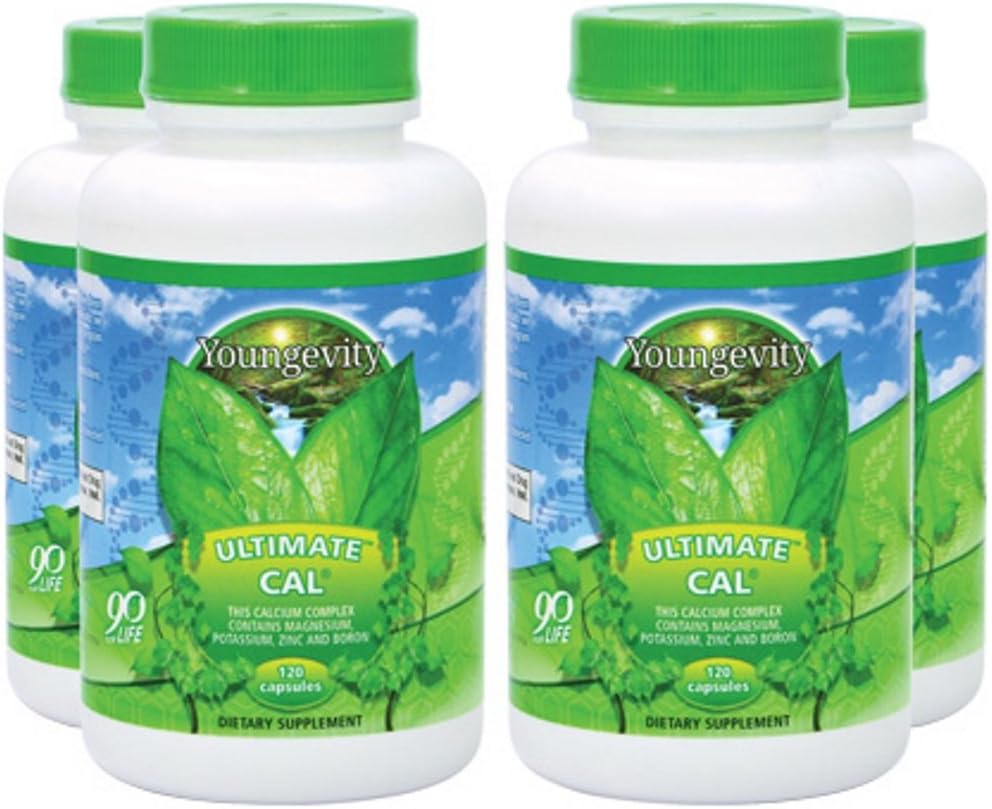 Youngevity Ultimate Cal - Calcium Magnesium Bone Health Supplement med D-3, Zink, Kalium, Boron - Højt Absorberbare - Immun og fælles & Ligament support - 120 kapsler (pakke med 4)
