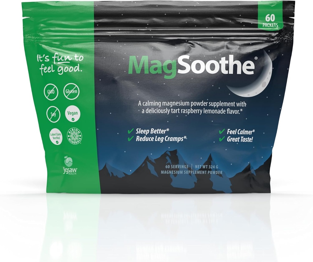 Jigsaw Health Magsothe Buddy 124; Fastvirkende, Calming Magnesium Glycinate Pulver Supplement Buddy 124; Raspberry Lemonade Flavor Buddy 124; 60 Servere (Pakker)