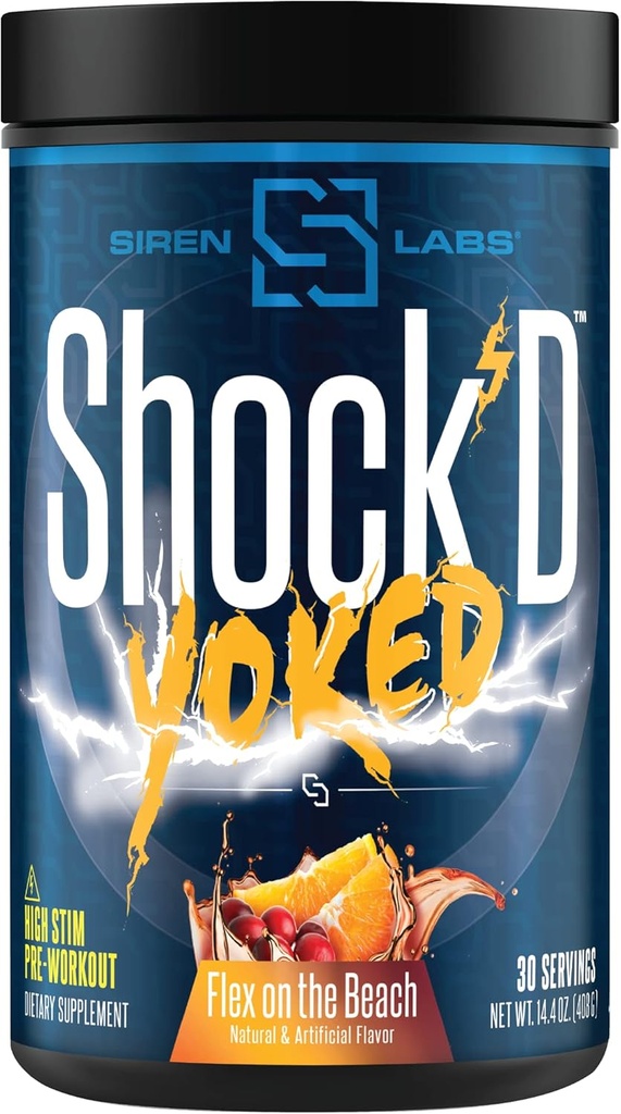 Shock 'D Yoked High Stim Pre- workout - Koffein, Taurine, Citrullin Malate, Agmatine, Betaine Anhydrous- High Energy & Powerful Muscle Pumps- Nitric Oxide-Flex på stranden (30 Servere)