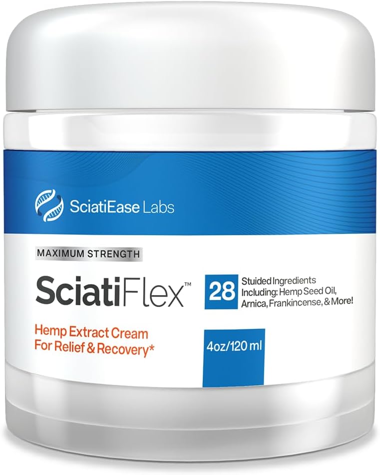 SciatiFlex tematisk Sciatic Cream - Maksimal styrke for Sciatic Nerve discomfort in The Lavere Ryg, Hips, Buttok, Legs og Feet - Hemp Cream med Arnica Extract, Shea Butter, Aloe Vera - 4oz