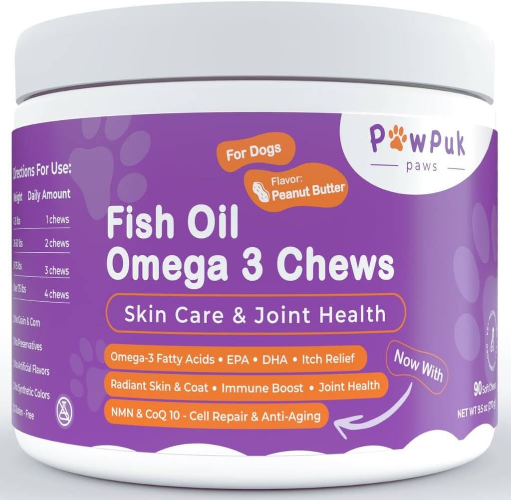 Omega 3 Fish Oil Chews for Dogs - EPA & DHA for Skin & Coat Health Plus Samlet sundhed, Itch Relief, Joint & Mobility Support, CoQ10 & NMN - Natural Anti-Aging supplement til hunde