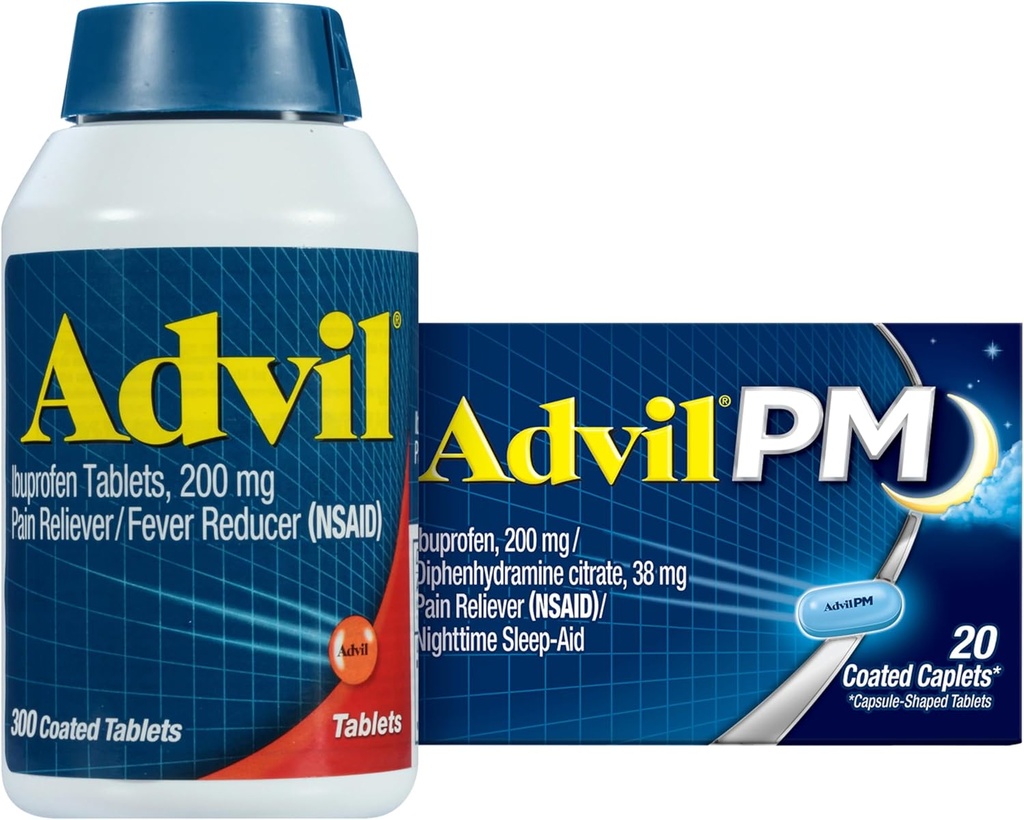 Advil Pain Reliever og Fever Reducer, Ibuprofen 200mg for Pain Relief - 300 Count, Advil PM Pain Reliever og Nighttime Sleep Aid, Ibuprofen for Pain Relief og Diphenhydramin Citrate - 20 Count