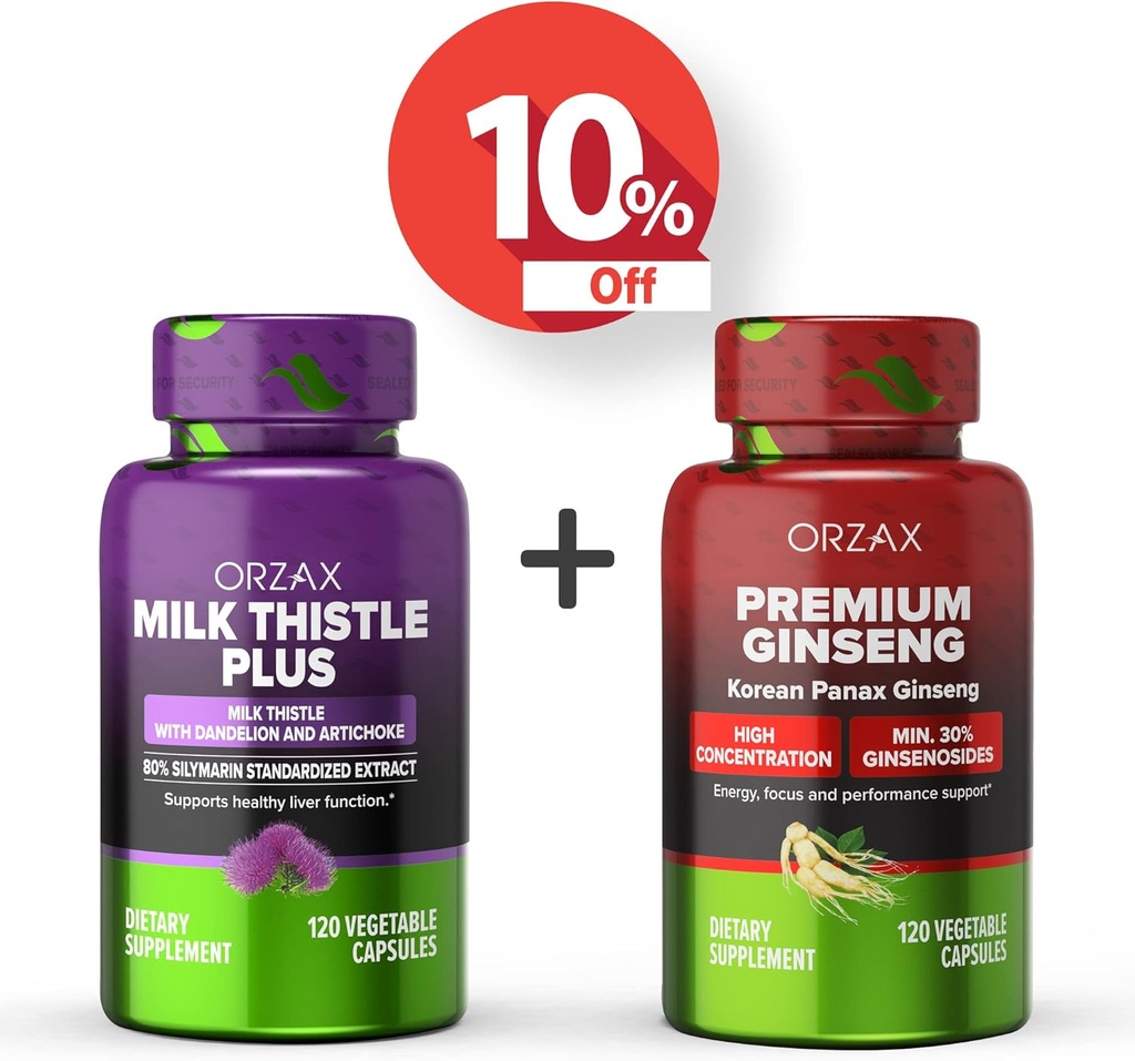 ORZAX Milk Thistle Plus 120 Vegaserbare kapsler og Premium Ginseng 120 Vegaserbare kapsler, Bundle
