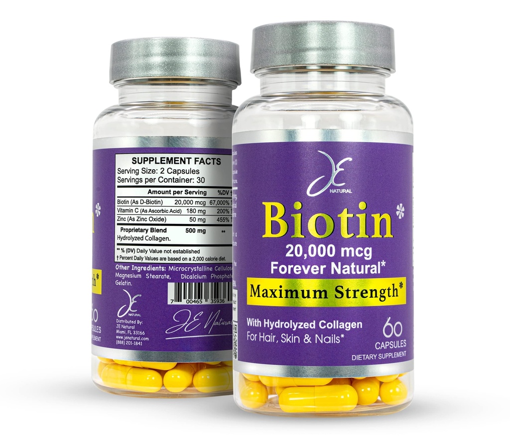 JE Natural biotin hår hud og negle vitaminer, C-vitamin, biotin og kollagen kosttilskud, der gør hår vokse hurtigere og længere, for alle aldre, 60 kapsler af biotin 20000mcg Maksimal styrke.