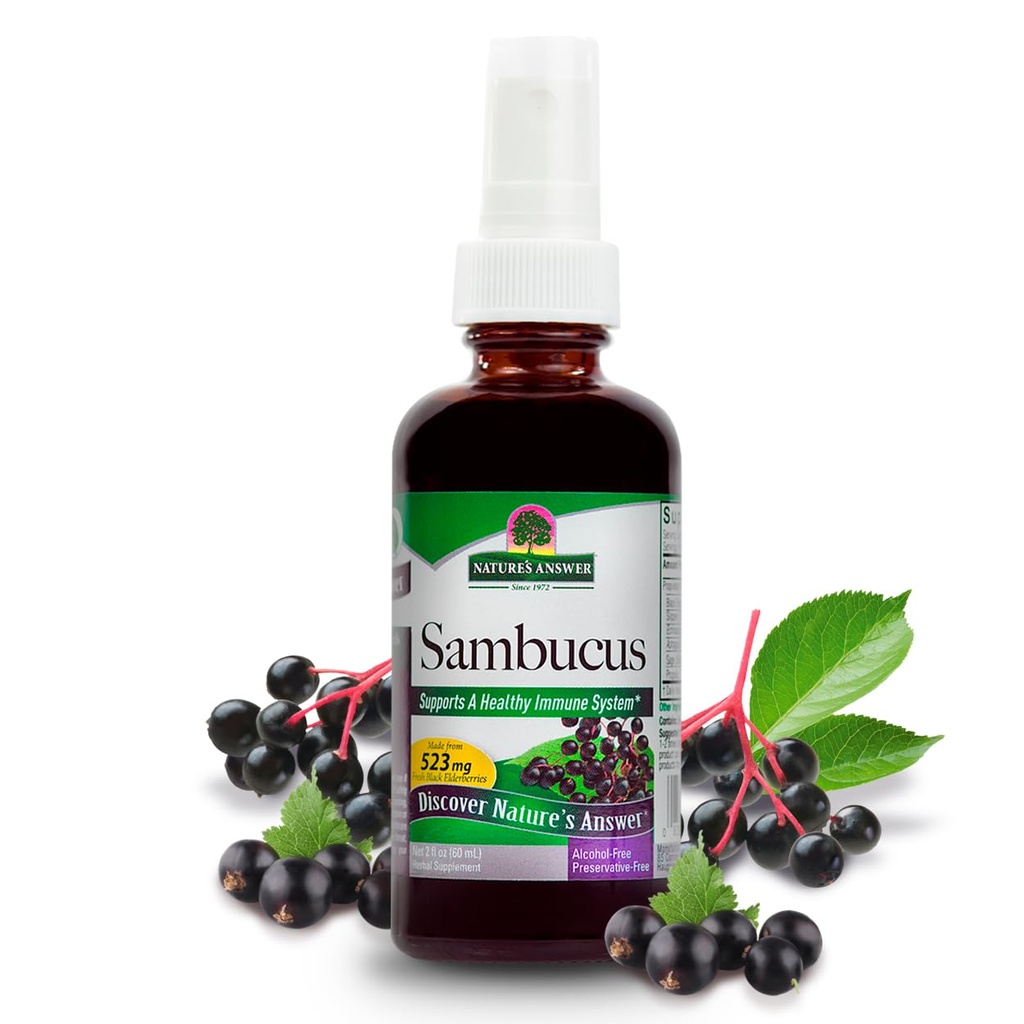 Nature 's Svar Sambucus Spray Mea124; Understøtter en sund immunsystem Mea124; Infunderes med Slippery Elm, Sage & Echinaea Mea124; Alkohol- Free, Gluten- Free, Kosher Certified & No Preservatives 2oz