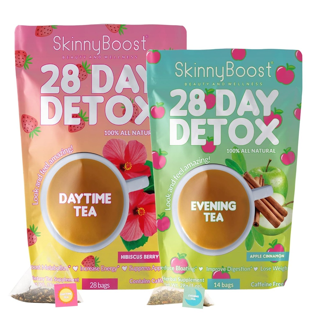 SkinnyBoost 28 Dag Detox te Kit-1 Daytime Hibiscus (28 poser) 1 Aften Apple Cinnamon (14 poser) Ikke GMO, Vegan, All Natural, Green Tea og Herbal Teas for Natural Detox og Rense, Reducer Bloating