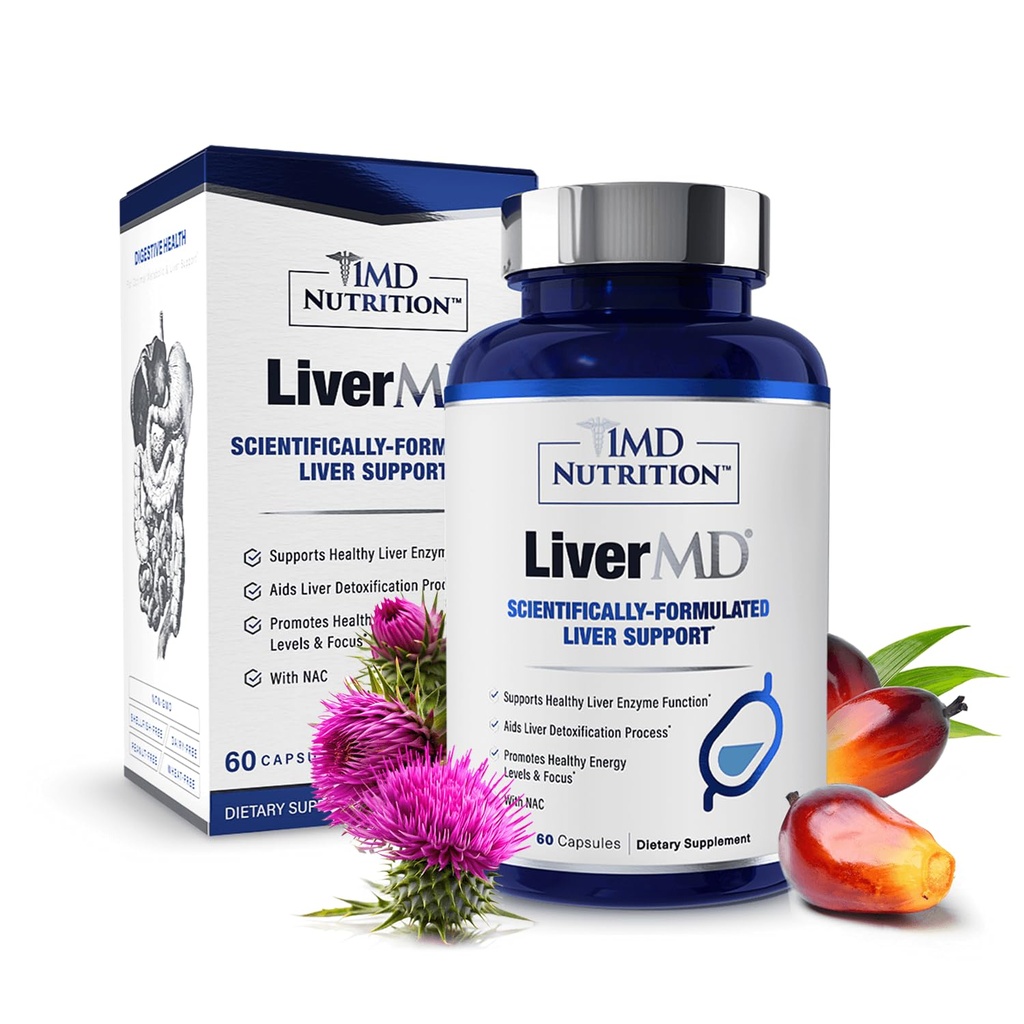 1MD Nutrition LiverMD - Leverstøtte Supplement til 124; Siliphos Milk Thistle Extract & NAC - Understøtter sund energi, Immunitet & Samlet sundhed - Lever Rengøring & Support