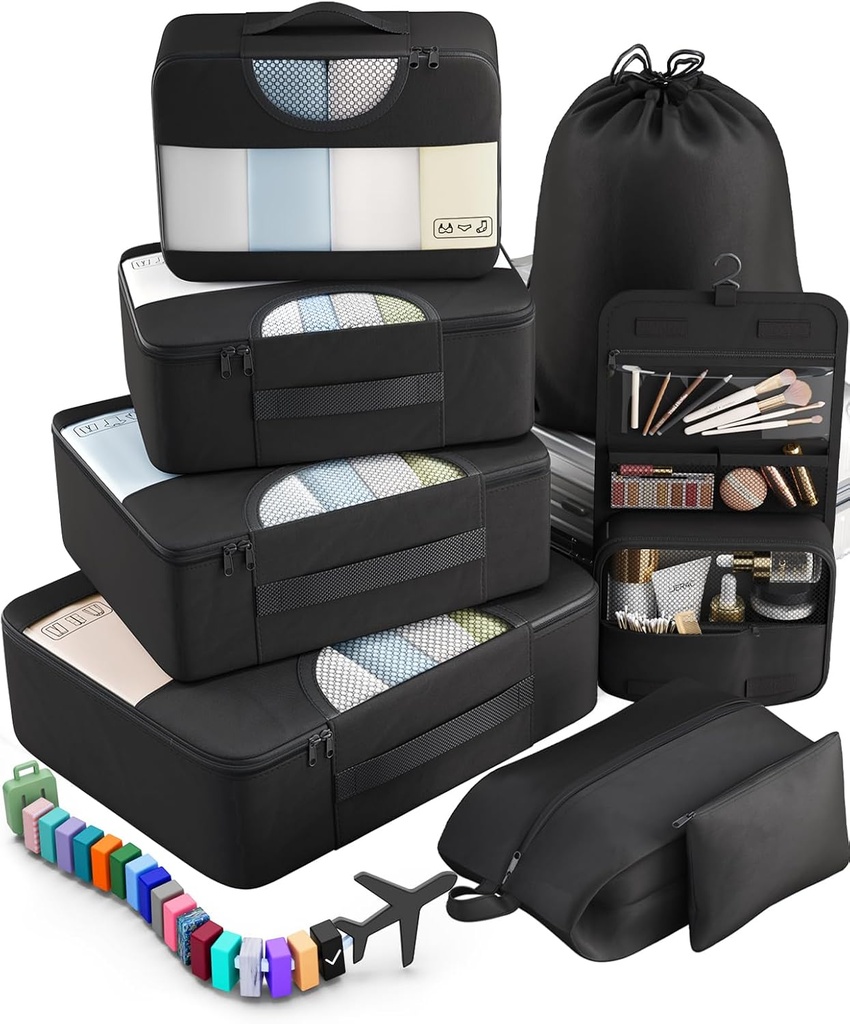 Veken 10 Set / 8 Set Packing Cubes for Travel Essentials, Suitcase Organizer Tasker i 4 størrelser, Carry- On Bagage Tilbehør med Stor Vaskeri & Toiletry Bag, Must-Have til Flyvning, Road Trip & Camping
