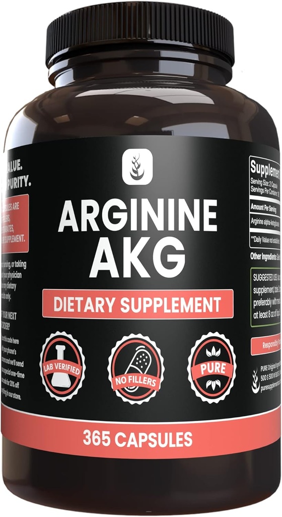 PURE ORIGINALSKE INGREDIENSER Arginin AAKG (365 kapsler) Ingen Magnesium eller Rice Fillers, Altid Pure, Lab Verified