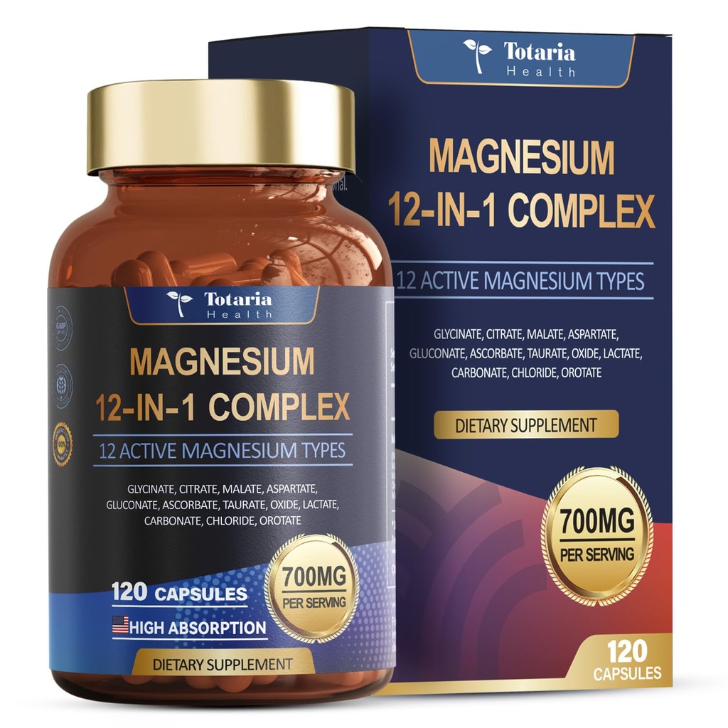Totaria Magnesiumkompleks 700mg 12 i 1 Magnesiumtillæg med Glycinat Citrat Malatoxide Taurat Aspartat Orotere Magnesiumrelaxation, Muscle, Heart Support, Vegan 120 Kapsler
