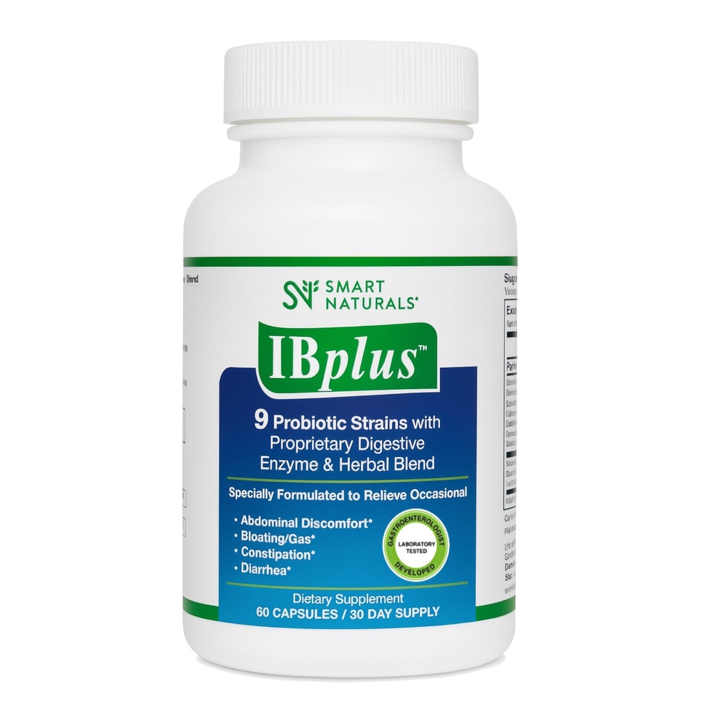 IBplus® Probiotic, Digestive Enzyme & Herbal Blend, Improved Formula-60 Capsules!! for Irritable Bowel - Abdominal Pain, Constipation, Diarrhea, Gas/Bloating –Proprietary Formula by Smart Naturals™