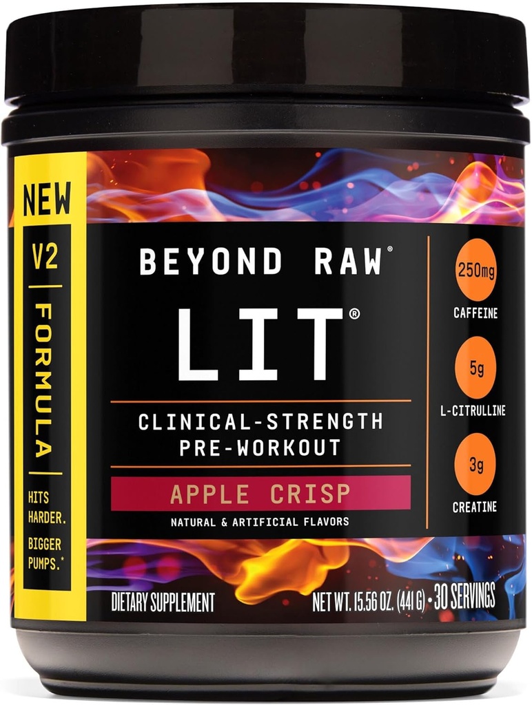 BEYOND RAW LIT V2 Clinical Strength Pre Workout Powder, Hits Hårdere, Større Pumper, Koffein, L- Citrullin, Creatin, Apple Crisp, 30 Serveringer