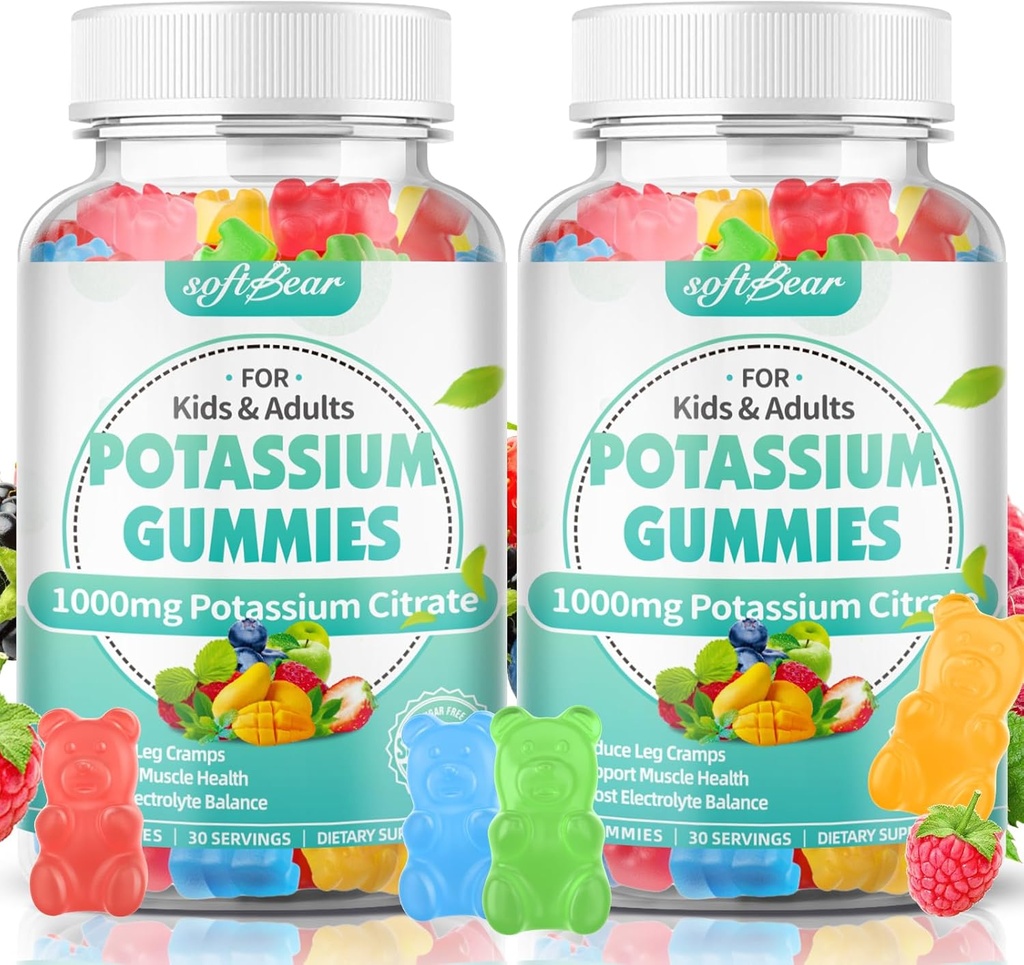 softbear Kalium Citrate Gummies, High Potency Kalium Citrate 1000mg Understøtter Leg Cramp & Muscle Health Kalium Gummies for voksne & Børn blandet frugt flavor 120 Tæl