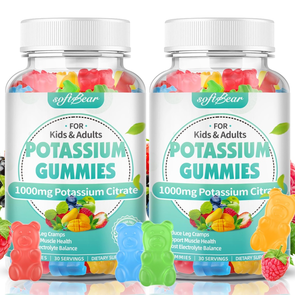 softbear Kalium Citrate Gummies, High Potency Kalium Citrate 1000mg Understøtter Leg Cramp & Muscle Health Kalium Gummies for voksne & Børn blandet frugt flavor 120 Tæl