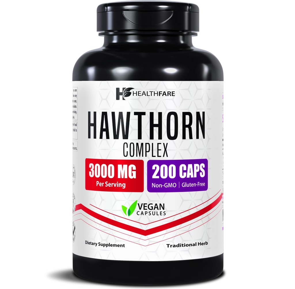 Healthfare Hawthorn Berry Supplement Extract 3000mg • 124; Ekstra styrke Herbal Formel • 124; 200 Vegan Kapsler • 124; Understøtter hjerte & cirkulære sundhed • 124; Non- GMO, Gluten- Free • 124; Fremstillet i USA