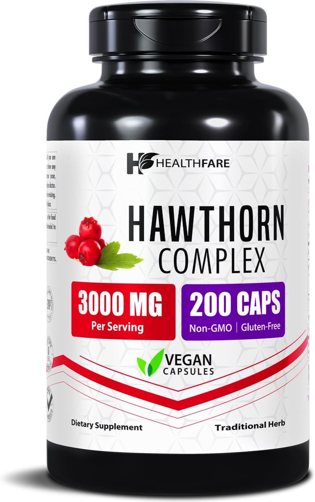 Healthfare Hawthorn Berry Supplement Extract 3000mg • 124; Ekstra styrke Herbal Formel • 124; 200 Vegan Kapsler • 124; Understøtter hjerte & cirkulære sundhed • 124; Non- GMO, Gluten- Free • 124; Fremstillet i USA