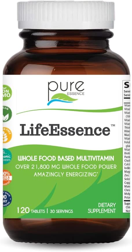 PURE VÆSENTLIGE ETIKETTER LifeEssence Multivitamin til kvinder og mænd - Naturlig urtetilskud - D-vitamin, D3- vitamin, B12-vitamin, biotin med fuldfoder (120 tabletter)