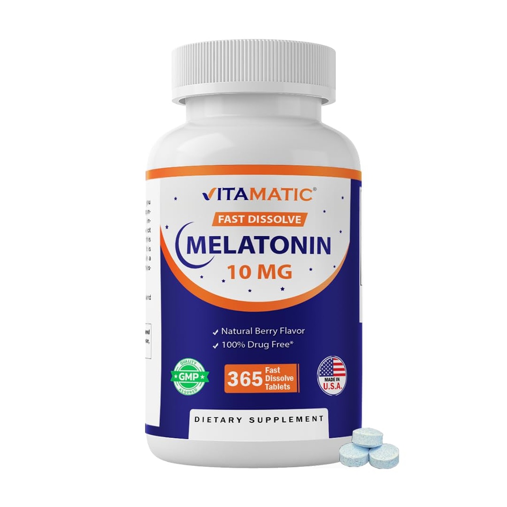 Vitamatic Melatonin 10 mg Fast Opløs tabletter - Quick- Opløs søvnstøtte supplement til voksne - Vegetarisk, ikke-GMO & Gluten- fri - Natural Berry Flavor - 365 tabletter