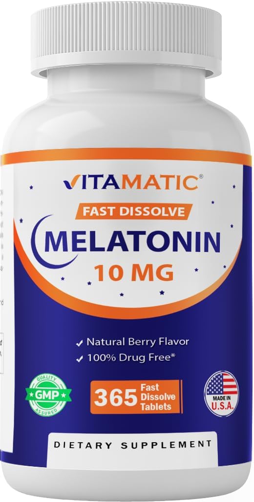 Vitamatic Melatonin 10 mg Tabletterne er 124; Vegetarisk, ikke-GMO, Gluten- fri 124; 1- Årets Forsyning er 124; Natural Berry Flavor - 365 Tabletter