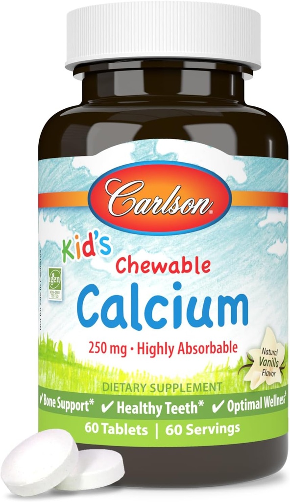 Carlson - Kid 's Chewable Calcium, 250 mg, Meget Absorbable, Bone & Tandstøtte, Optimal Wellness, Natural Vanilla Flavor, 60 tabletter