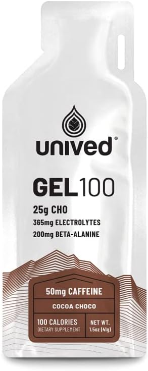Unived Gel 100 - Vegansk Energy Gel til Endurance Atleter Runners & Cyclister - 100kcal - Cocoa Choco - 50mg Koffein - Pakning med 6 stk.