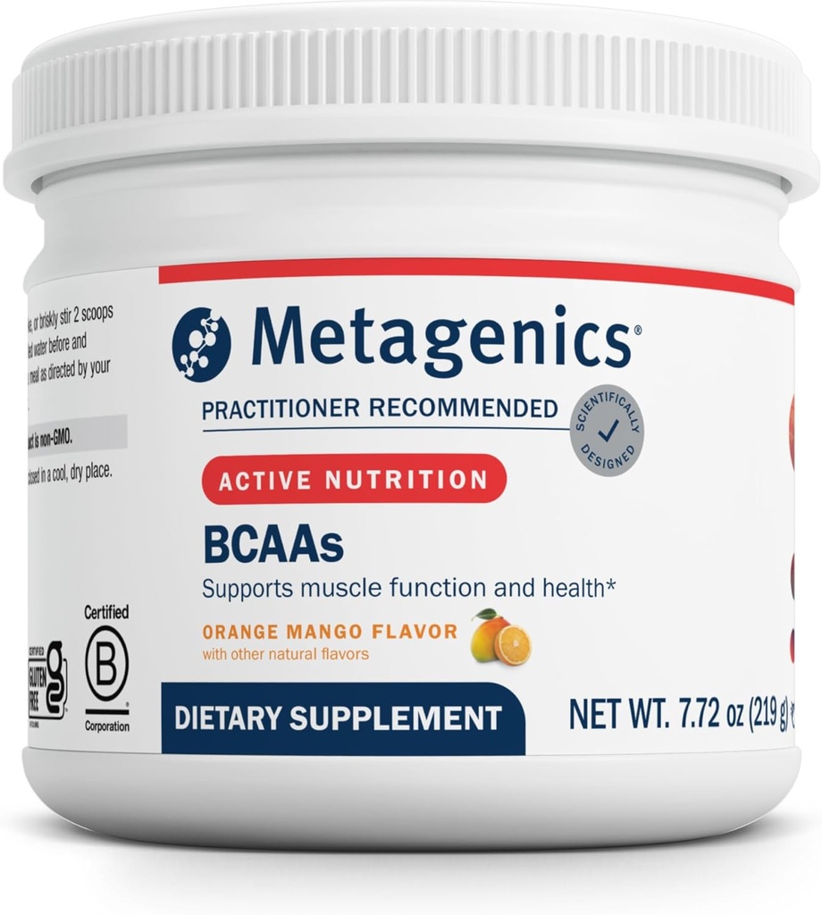 Metagenics BCAAs Powder - Orange Mango Flavor - 2: 1: 1 Ratio af Leucin, Isoleucin & Valine - Understøtter muskel inddrivelse, Endurance & Performance * - Non- GMO, Gluten- Free, Vegetar - 30 Servering