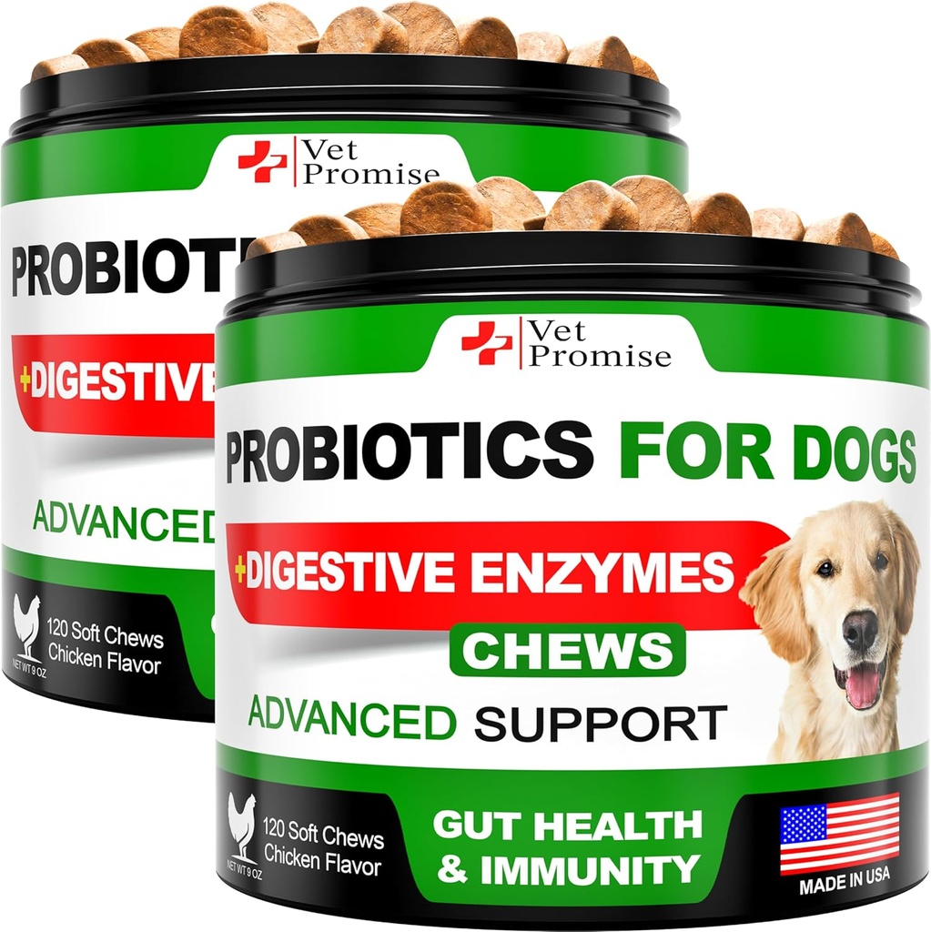 (2 Pack) Probiotika til hunde - Hundeprobiotika og fordøjelsesenzymer til Gut Health, Itchy Skin, Allergier, Immunitet, Gær Balance - Prebiotika - Reducere Diarré, Gas - 240 Probiotiske Tyre til hunde