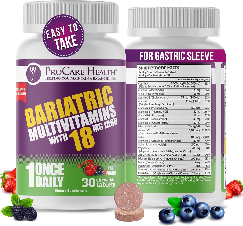 ProCare Health Bariatric Chewable Multivitamin med jern 18 mg (30 tabletter) - Fruit Punch Flavor Bariatric Multivitamin Chewable for Gastric Bypass & Sleeve Gastrectomy Patienter * (1 måned Tilgang)