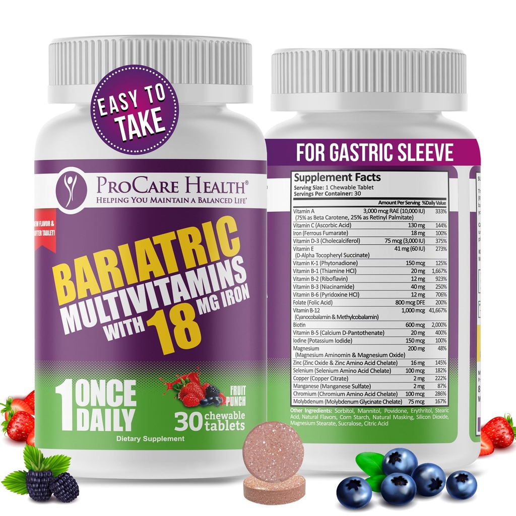 ProCare Health Bariatric Chewable Multivitamin med jern 18 mg (30 tabletter) - Fruit Punch Flavor Bariatric Multivitamin Chewable for Gastric Bypass & Sleeve Gastrectomy Patienter * (1 måned Tilgang)