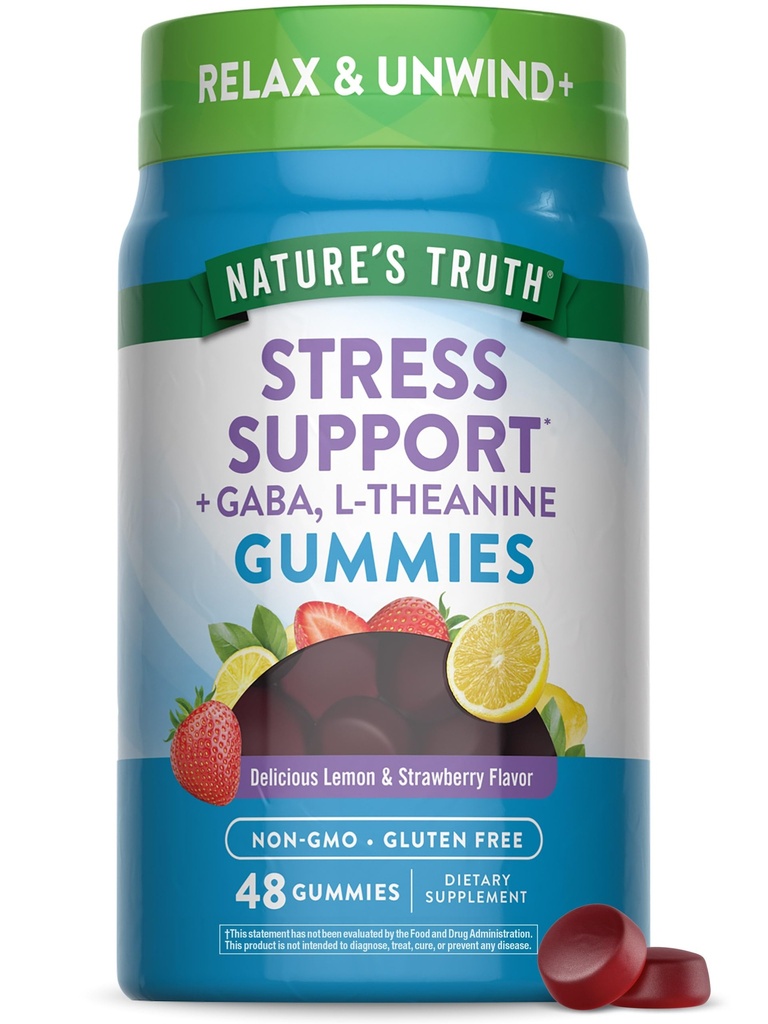 Naturens Truth Stress Relief Gummies for Voksen124; med Gaba, L Theanine, og Lemon Balm Ball124; Lemon Strawberry Flavor 124; Non- GMO & Gluten Free Supplement
