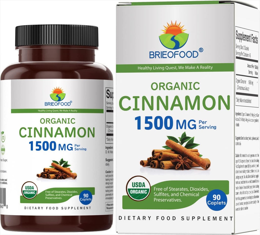 Brieofood Organic Cinnamon 1500mg, 45 Servering, Vegetarisk, Gluten Free, 90 Vegetarisk Tablets