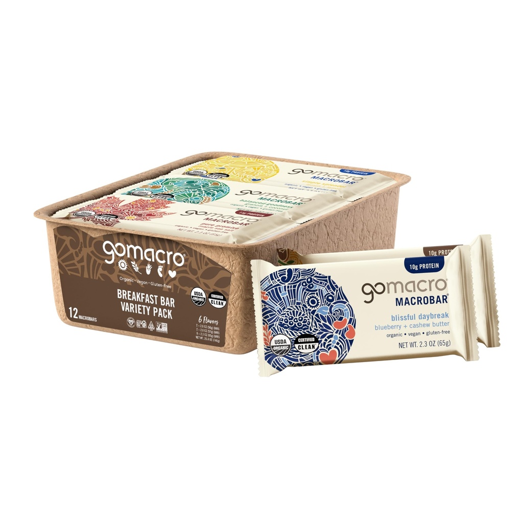 GoMacro Macrobar Organic Vegan Protein Bars, Breakfast Variety Pack, 12 Greve