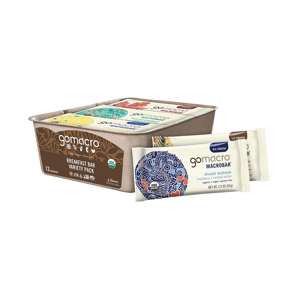 GoMacro Macrobar Organic Vegan Protein Bars, Breakfast Variety Pack, 12 Greve