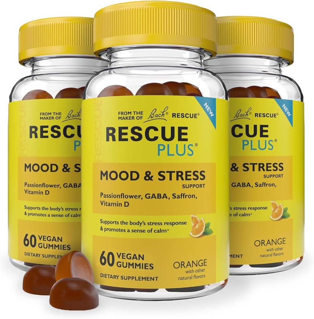 RESCUE Bach Plus Mood & Stress Support Gummies, Daglig Kosttilskud med Passionflower, GABA, Saffron & Vitamin D, Natural Orange Flavor, Vegan & Gluten- Free, 3 Pack, 180 Tæl alt