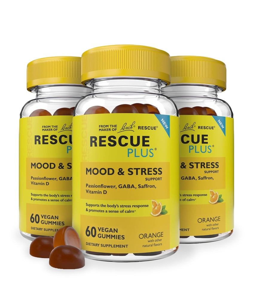 RESCUE Bach Plus Mood & Stress Support Gummies, Daglig Kosttilskud med Passionflower, GABA, Saffron & Vitamin D, Natural Orange Flavor, Vegan & Gluten- Free, 3 Pack, 180 Tæl alt