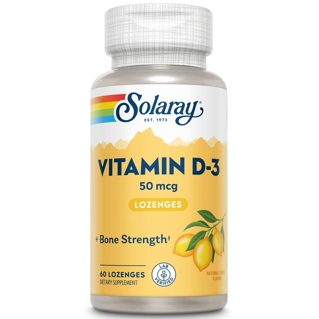 SOLARAY-vitamin D3 Lozenges 50mcg - 2000IE D3 Vitamin - Stærke knogler, muskel og immunforsvar - Natural Lemon Flavor - Lab Verified, 60- dag garanti - 60 Servere, 60 Lozenges