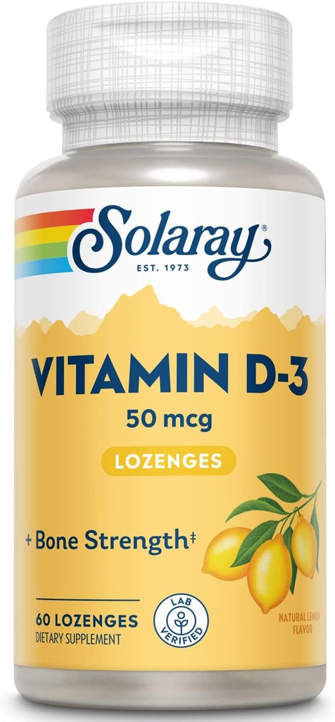 SOLARAY-vitamin D3 Lozenges 50mcg - 2000IE D3 Vitamin - Stærke knogler, muskel og immunforsvar - Natural Lemon Flavor - Lab Verified, 60- dag garanti - 60 Servere, 60 Lozenges